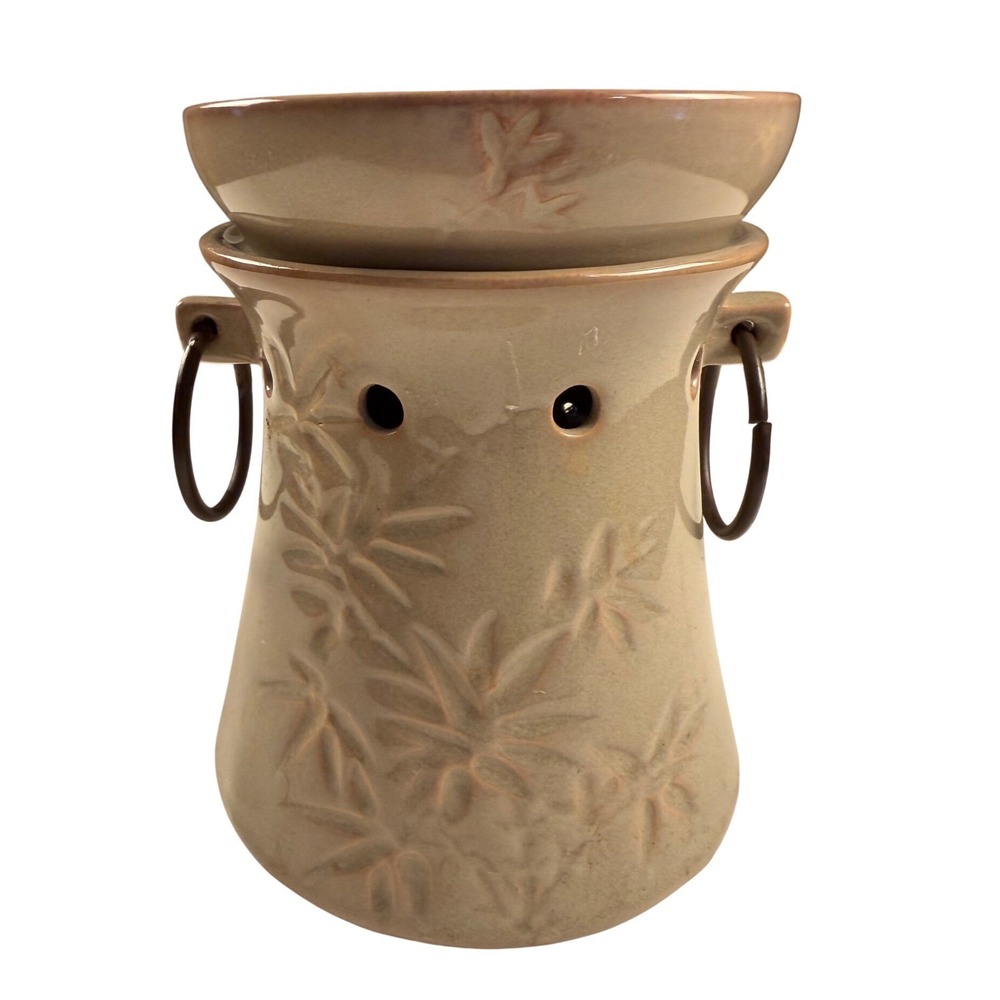 Scentsy‎ Zen Rock Electric Wax Warmer Ceramic Bamboo Leaf Tan Green Spa Decor